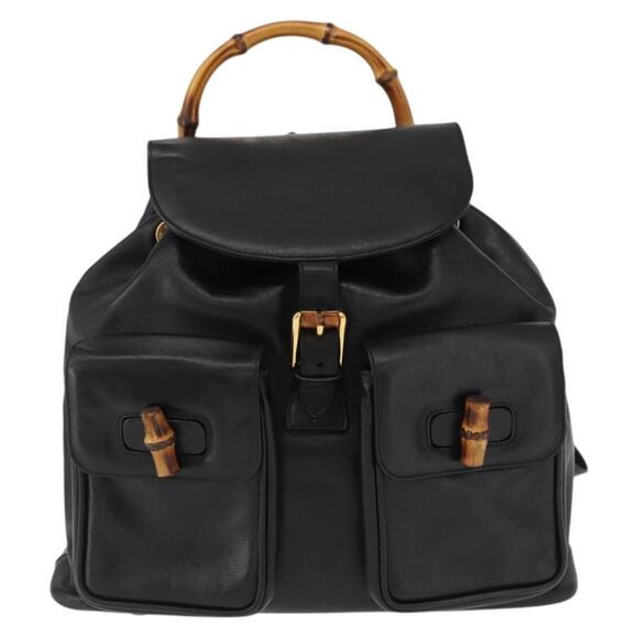 GUCCI Bamboo Backpack Leather Black Gold 003 2058 0016 Auth kk594 main image 11